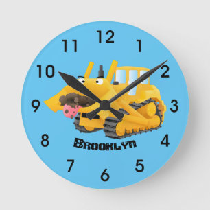 Cute funny yellow bulldozer cartoon character round clock