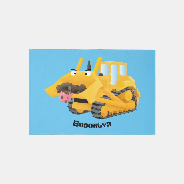 Cute funny yellow bulldozer cartoon character rug (Front)