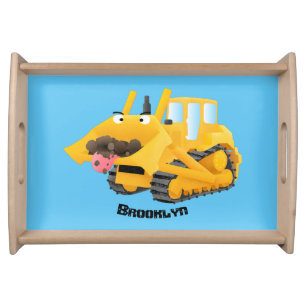 Cute funny yellow bulldozer cartoon character serving tray