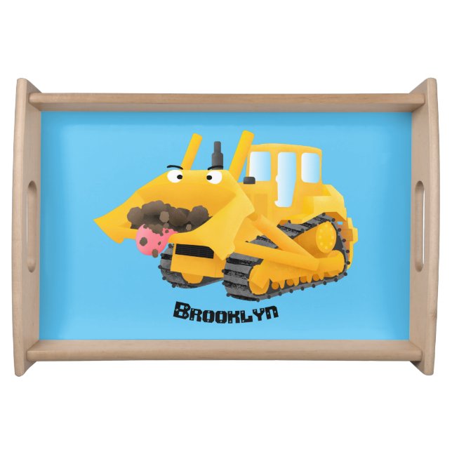 Cute funny yellow bulldozer cartoon character serving tray (Front)