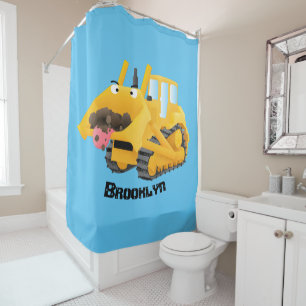 Cute funny yellow bulldozer cartoon character shower curtain