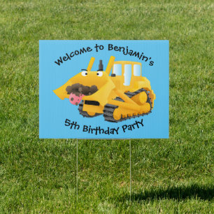 Cute funny yellow bulldozer cartoon character sign