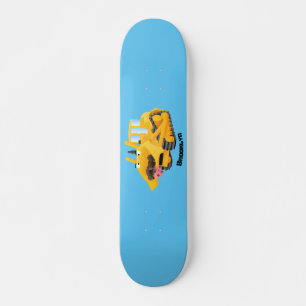 Cute funny yellow bulldozer cartoon character skateboard