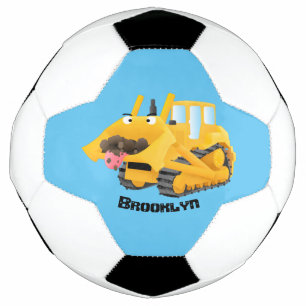 Cute funny yellow bulldozer cartoon character soccer ball
