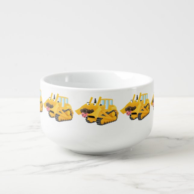Cute funny yellow bulldozer cartoon character soup mug (Front)