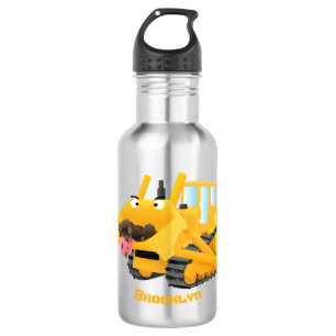 Cute funny yellow bulldozer cartoon character stainless steel water bottle