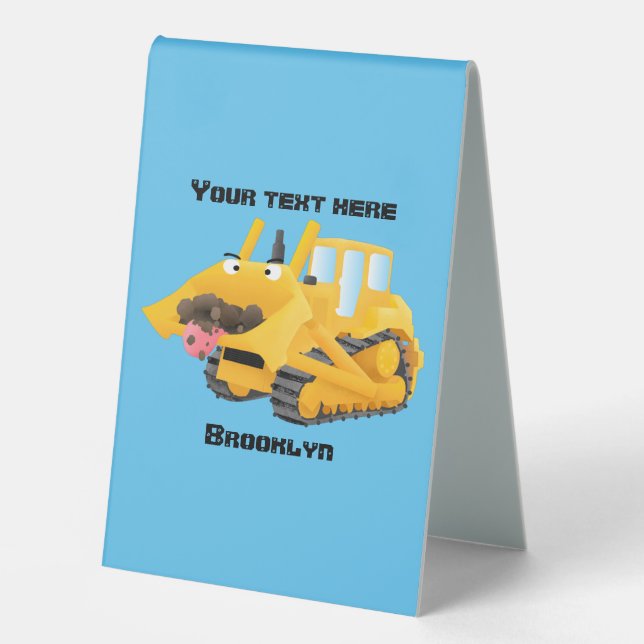 Cute funny yellow bulldozer cartoon character  table tent (Front)