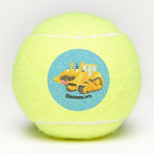 Cute funny yellow bulldozer cartoon character tennis balls