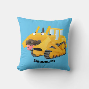 Cute funny yellow bulldozer cartoon character throw pillow