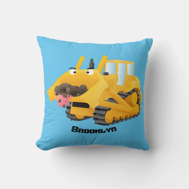 Cute funny yellow bulldozer cartoon character  throw pillow (Front)
