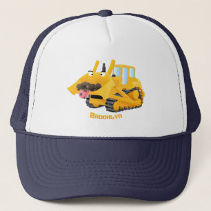 Cute funny yellow bulldozer cartoon character trucker hat