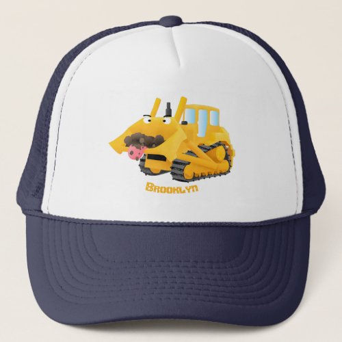 Cute funny yellow bulldozer cartoon character  trucker hat