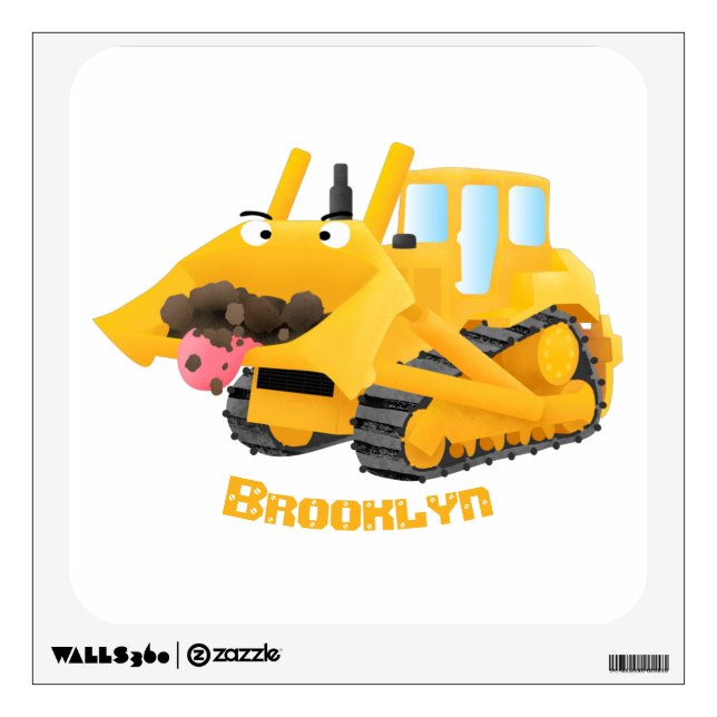 Cute funny yellow bulldozer cartoon character wall decal (Front)