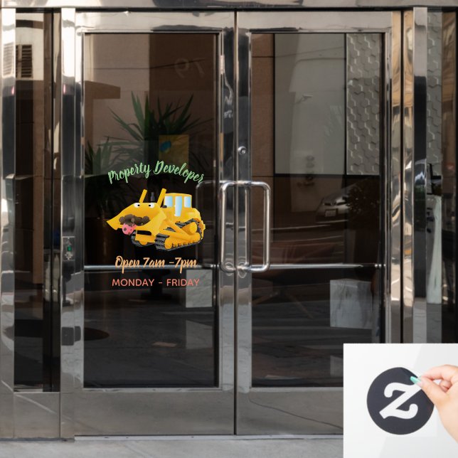 Cute funny yellow bulldozer cartoon character window cling (Office Door)