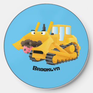 Cute funny yellow bulldozer cartoon character wireless charger