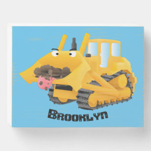 Cute funny yellow bulldozer cartoon character wooden box sign