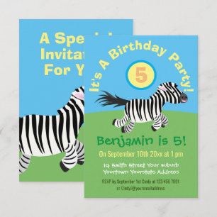 Cute funny zebra running cartoon birthday invitation