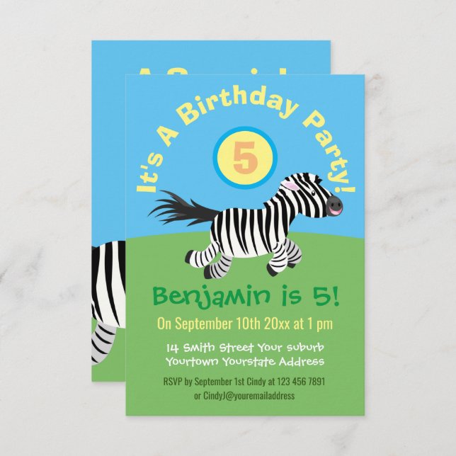 Cute funny zebra running cartoon birthday invitation (Front/Back)
