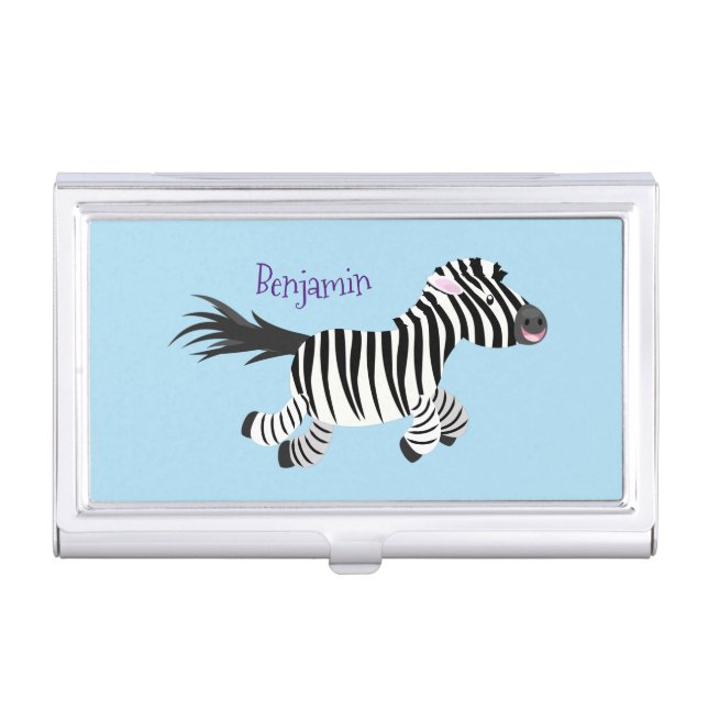 Cute funny zebra running cartoon illustration business card case (Front)