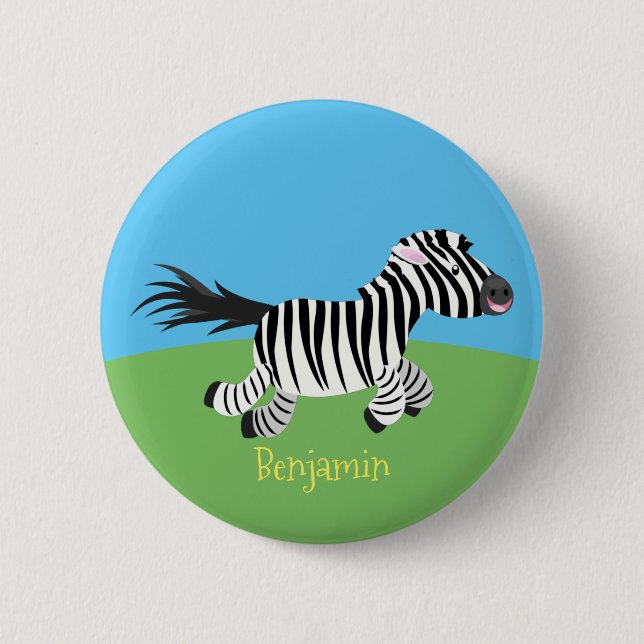 Cute funny zebra running cartoon illustration button (Front)