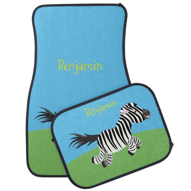 Cute funny zebra running cartoon illustration car floor mat (Set)