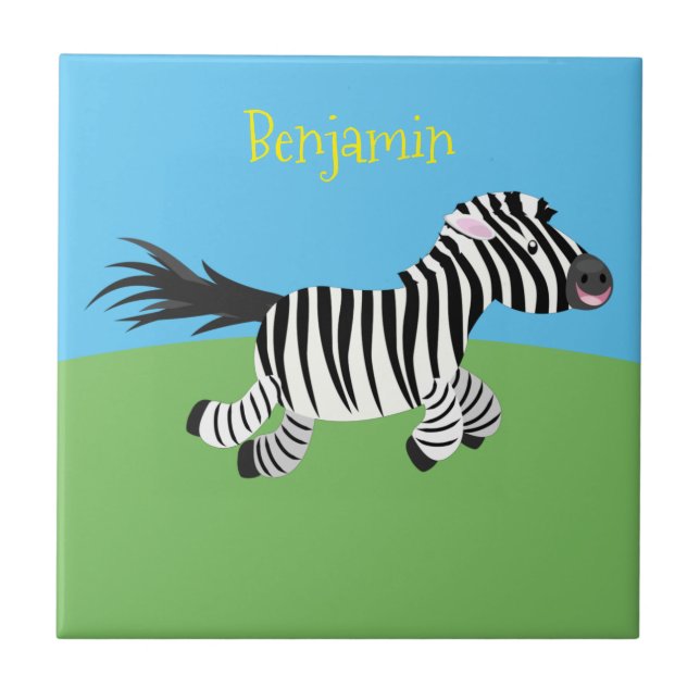 Cute funny zebra running cartoon illustration ceramic tile (Front)