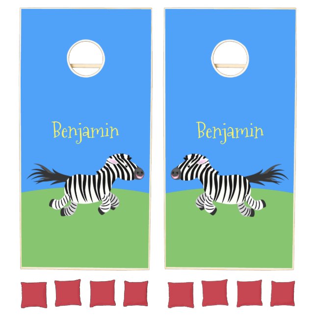 Cute funny zebra running cartoon illustration cornhole set (Set)