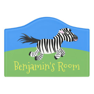 Cute funny zebra running cartoon illustration door sign