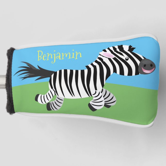 Cute funny zebra running cartoon illustration golf head cover (Front)