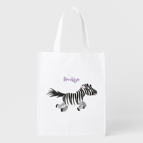 Cute funny zebra running cartoon illustration grocery bag