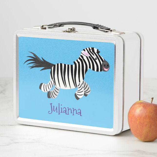 Cute funny zebra running cartoon illustration metal lunch box (In Situ)