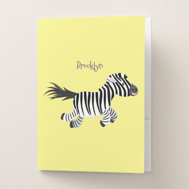 Cute funny zebra running cartoon illustration pocket folder (Front)