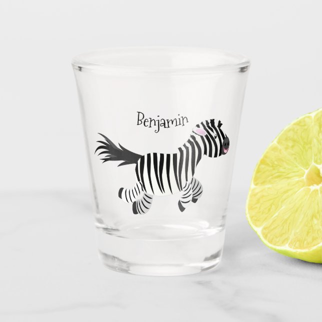 Cute funny zebra running cartoon illustration shot glass (Front)