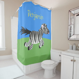 Cute funny zebra running cartoon illustration shower curtain