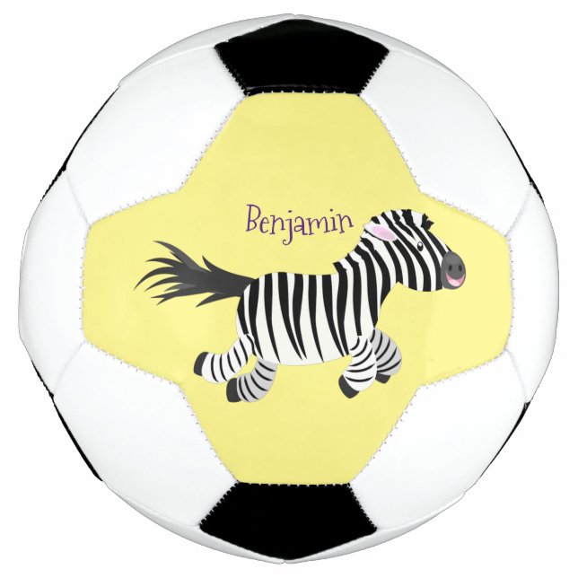Cute funny zebra running cartoon illustration soccer ball (Front)