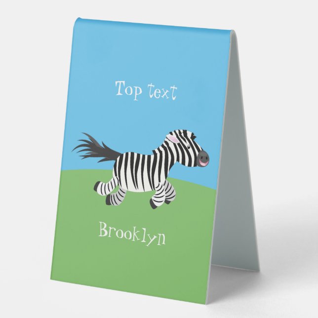 Cute funny zebra running cartoon illustration table tent (Front)