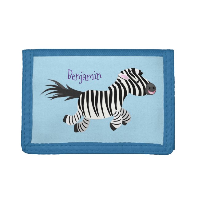 Cute funny zebra running cartoon illustration trifold wallet (Front)