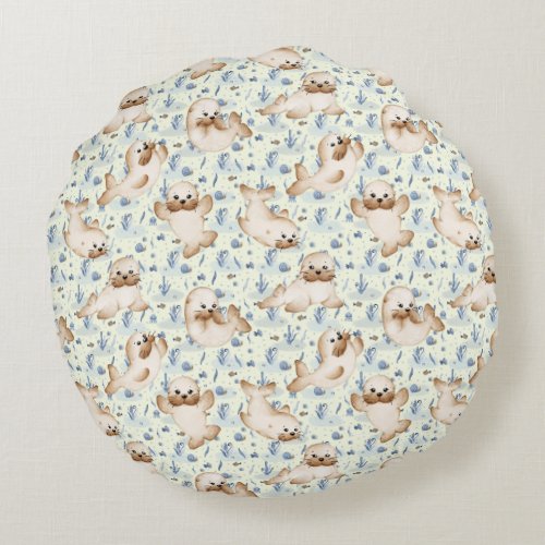 Cute fur seals round pillow