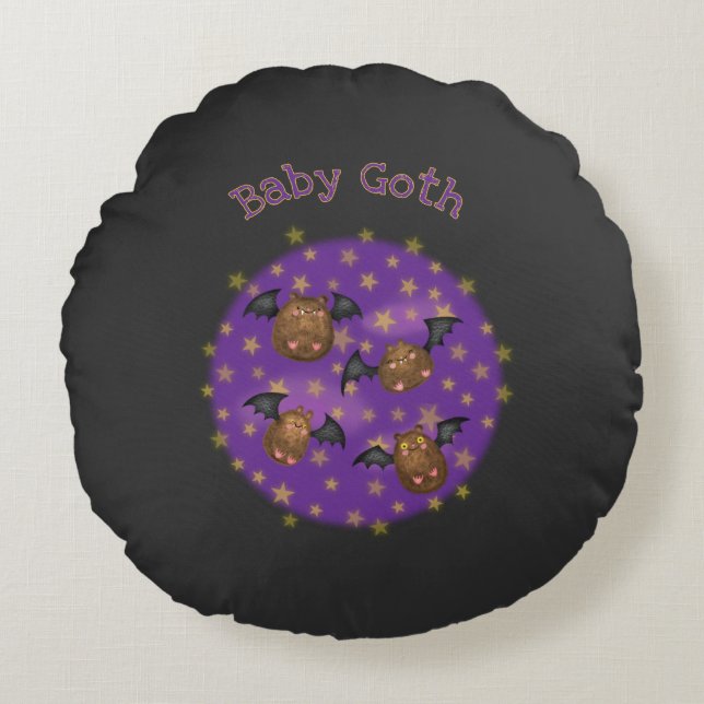 Cute furry bats baby goth black round cushion (Front)