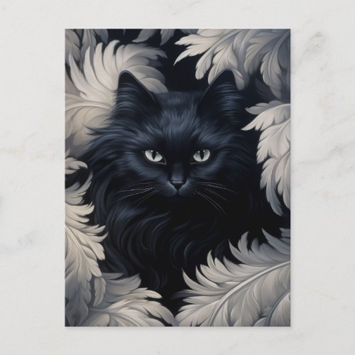 Cute Furry Black Cat Surrounded By White Feathers Postcard