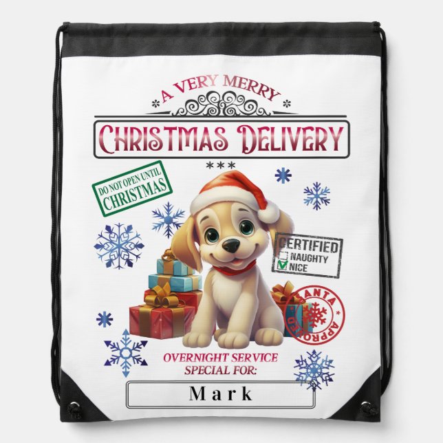 Cute Furry Dog Special Delivery Xmas Personalized Drawstring Bag (Front)