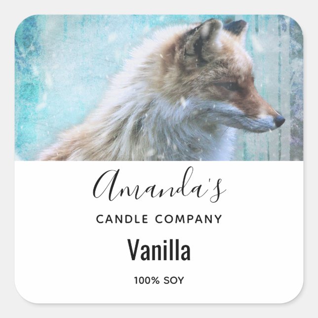 Cute Furry Fox on Blue Background Candle Business Square Sticker (Front)