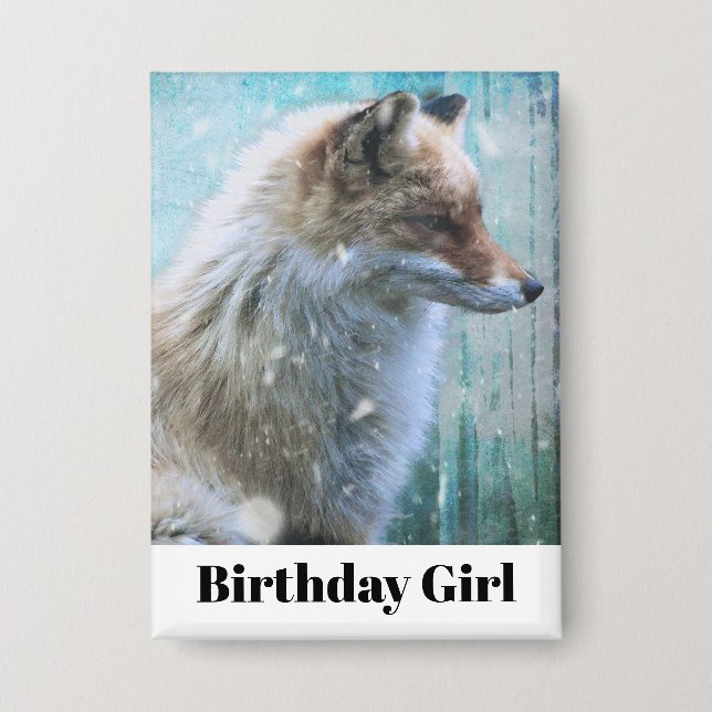 Cute Furry Fox on Blue Grunge Back Birthday Girl Button (Front)