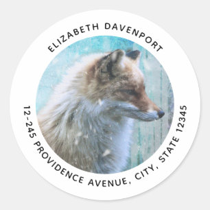 Cute Furry Fox on Blue Grunge Background Address Classic Round Sticker