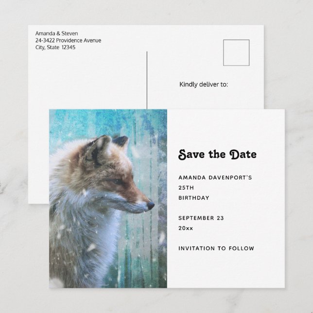 Cute Furry Fox on Blue Grunge Background Announcement Postcard (Front/Back)