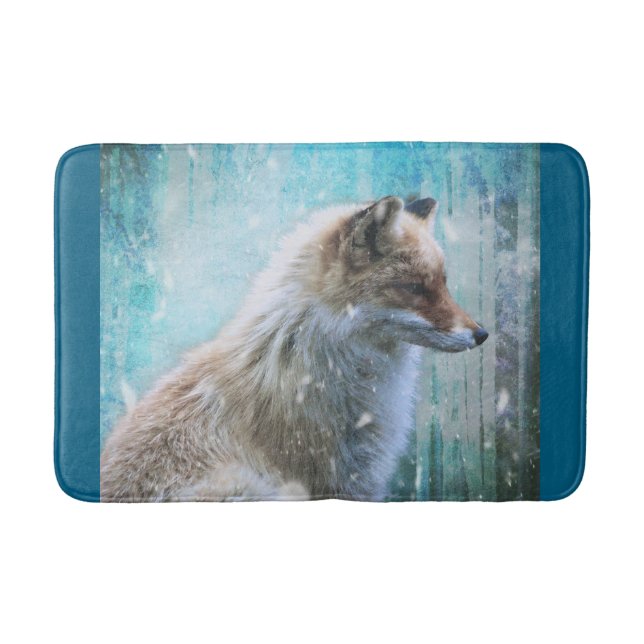 Cute Furry Fox on Blue Grunge Background Bath Mat (Front)