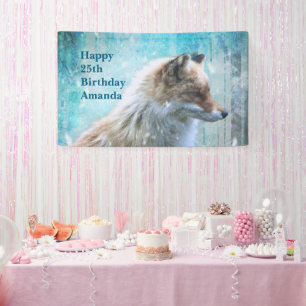 Cute Furry Fox on Blue Grunge Background Birthday Banner