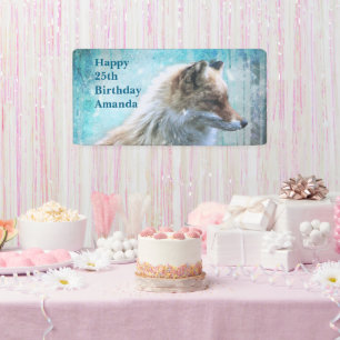 Cute Furry Fox on Blue Grunge Background Birthday Banner