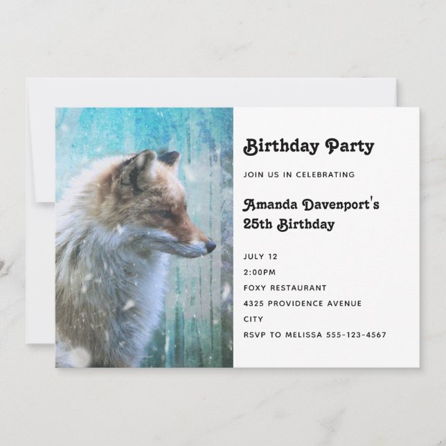 Cute Furry Fox on Blue Grunge Background Birthday Invitation (Front)