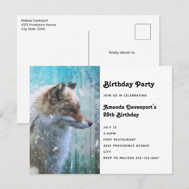 Cute Furry Fox on Blue Grunge Background Birthday Invitation Postcard (Front/Back)